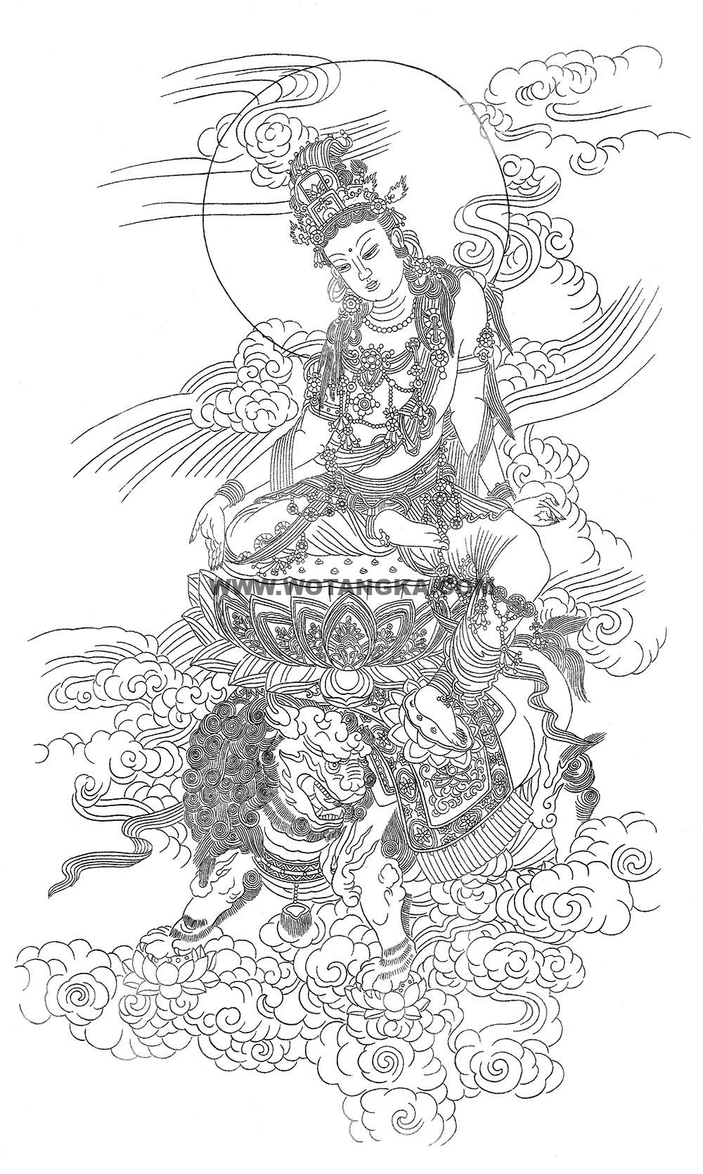 沃唐卡-唐卡白描线稿编号RD40051：骑狮莲花座文殊菩萨| 沃唐卡www 