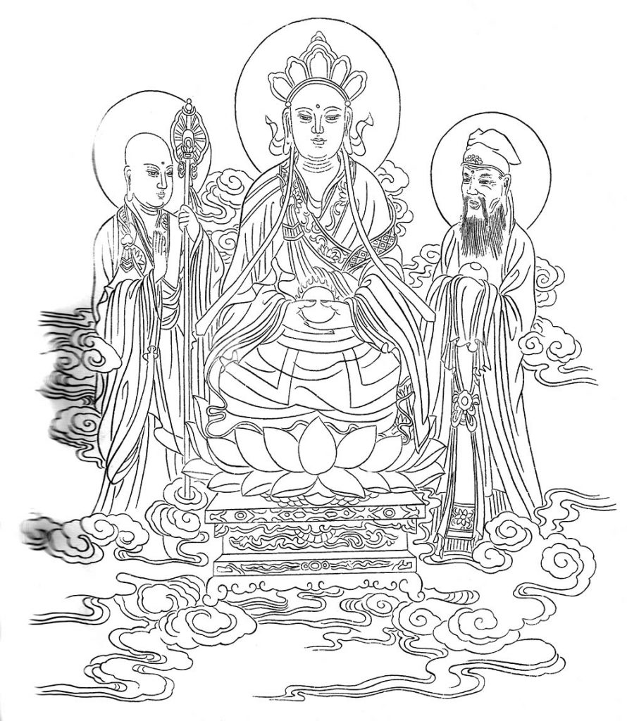 沃唐卡-唐卡白描线稿编号RD18926：地藏王菩萨三法相化身图| 沃唐卡www 