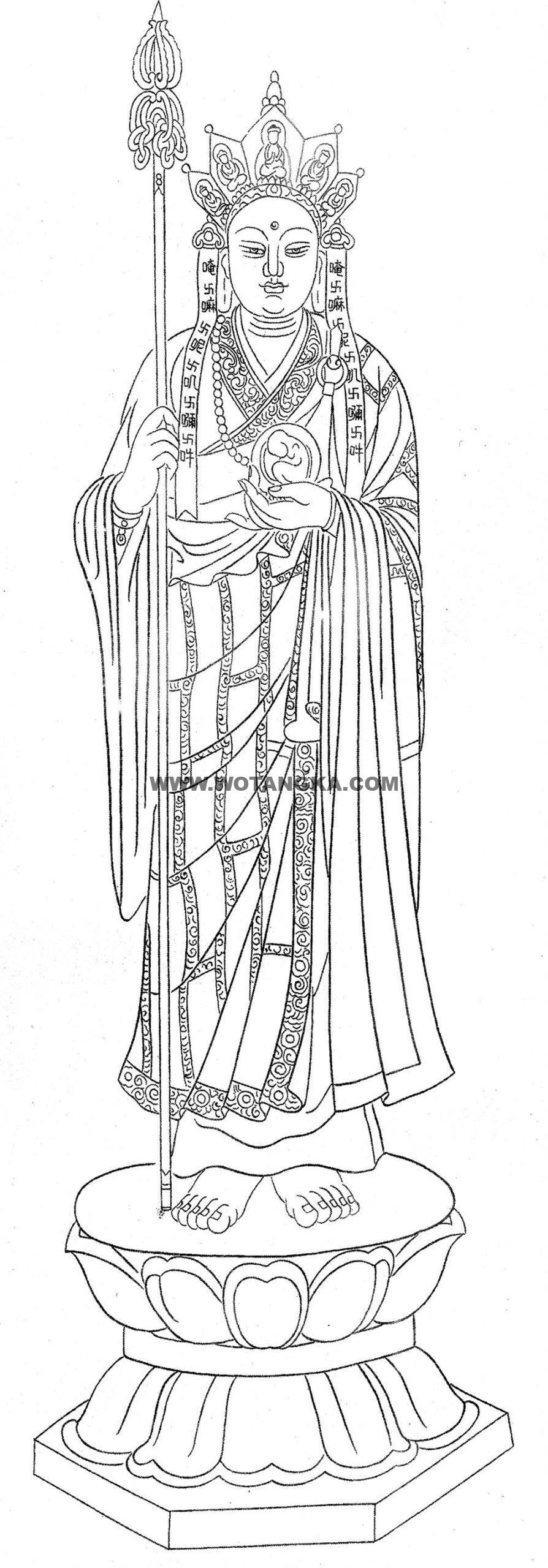 沃唐卡-唐卡白描线稿编号RD66373：地藏王菩萨| 沃唐卡www.WoTangKa.com