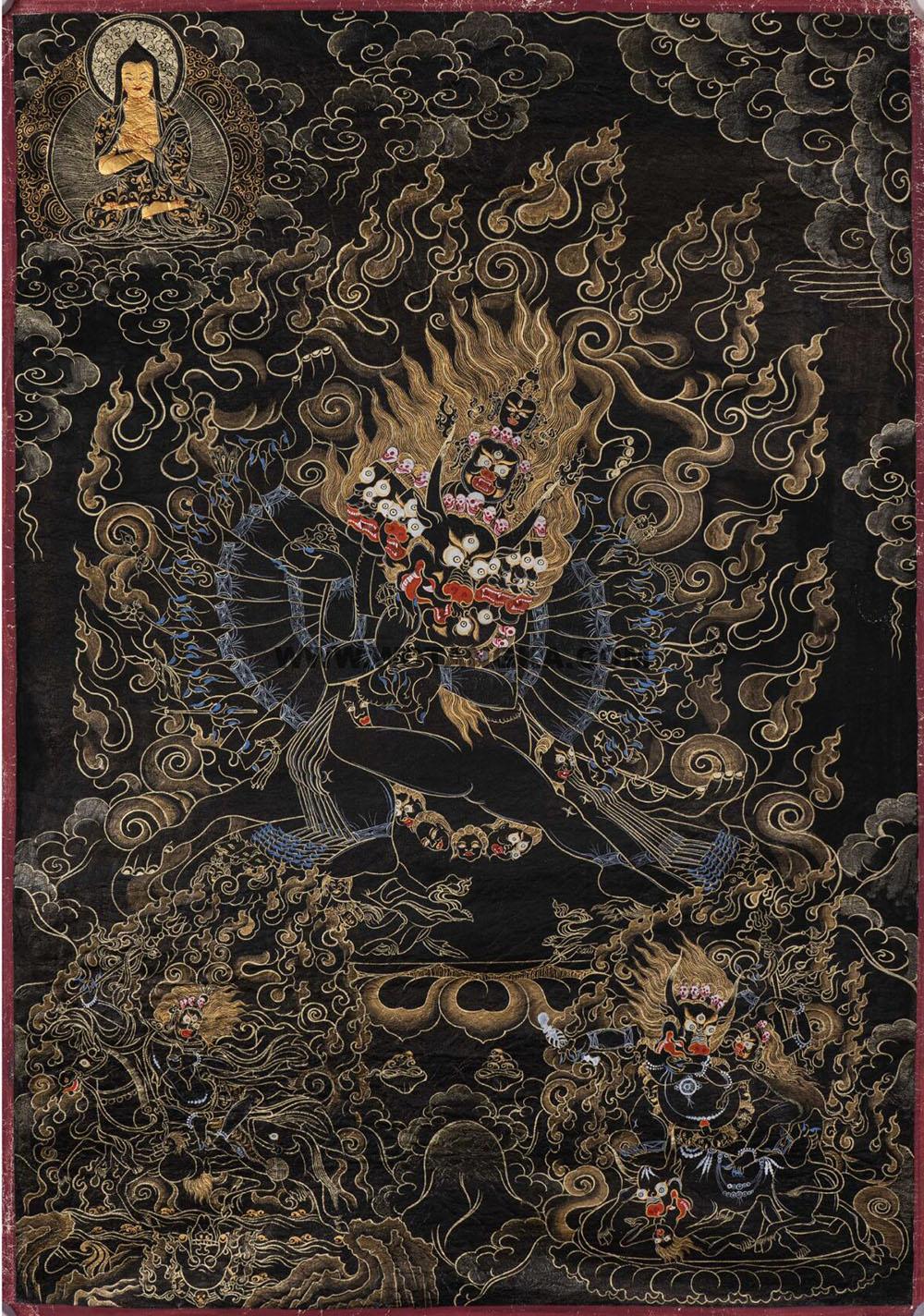 热贡-罗藏达杰·画院：黑金唐卡-大威德金刚（80*60CM左右）